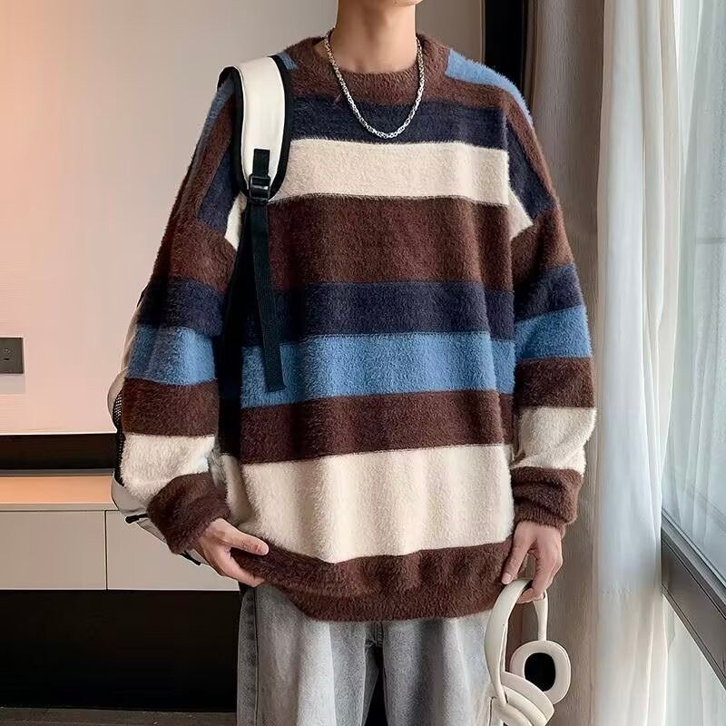 New mink striped sweater men's winter thick contrasting color autumn and winter couple lazy style round neck knitted sweater_voghion.com