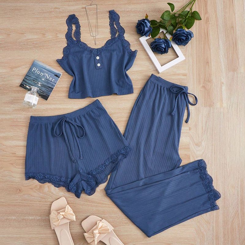 3-Piece Lace-Trimmed Cami Top, Shorts & Long Pants Pajama Set - Versatile For Sleep & Outings_voghion.com