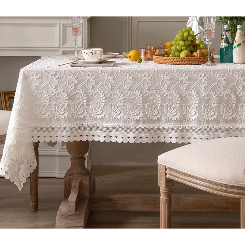 Lace Tablecloth White Dining Tablecloth Embroidered Trim Rectangular Coffee Tablecloth_voghion.com