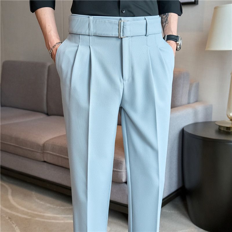 Neue Produktempfehlung Herren Freizeithose Gürtel dekoratives Design Hautstruktur Plisseehose Neapolitanische Hose_voghion.com