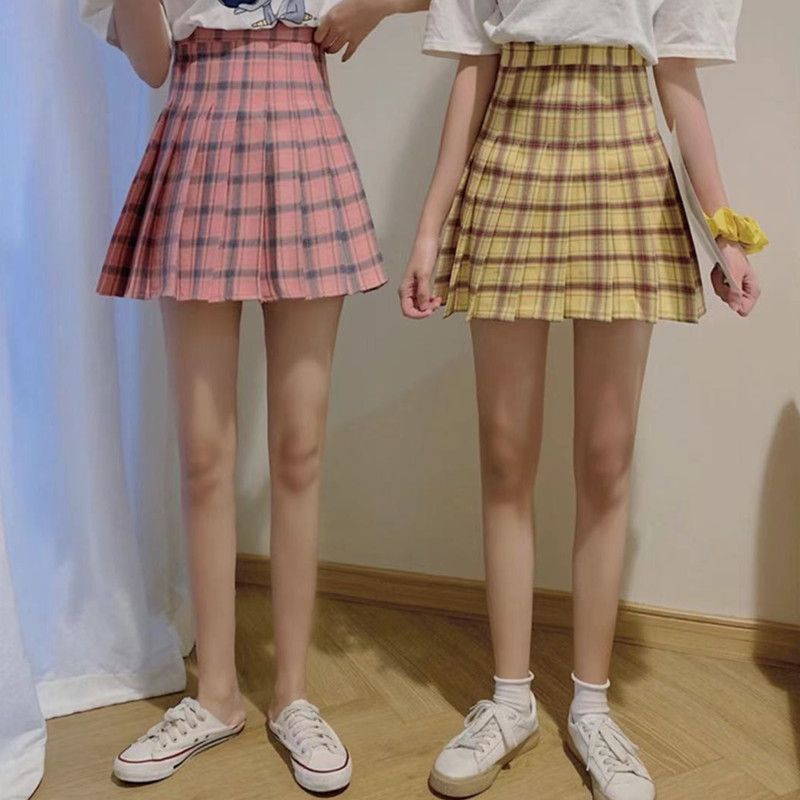 Gonna a pieghe a vita alta a quadri color caramella per donna, stile preppy, con minigonna morbida a quadri color caramella_voghion.com