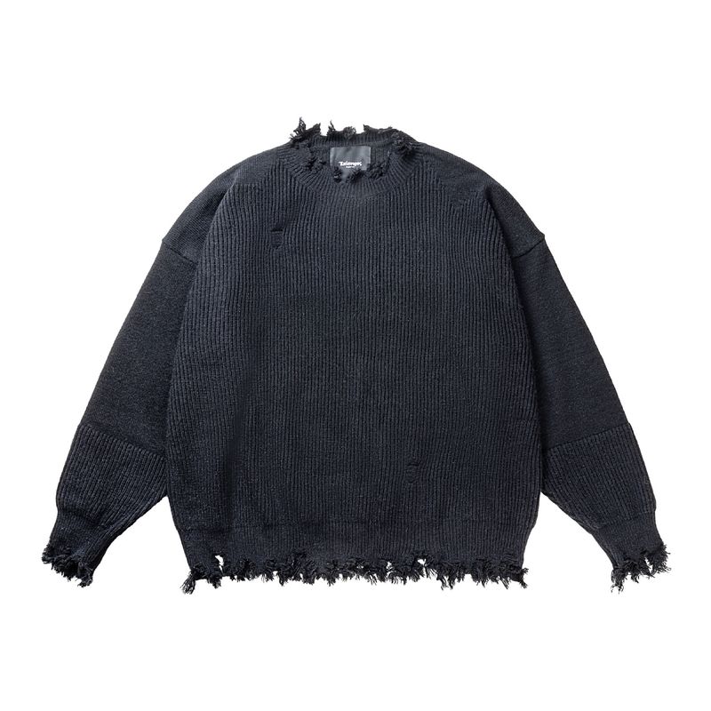 Pull ample unisexe en maille japonaise pour homme, détails usés et col ras du cou - Fil respirant, coupe oversize, noir et gris clair_voghion.com