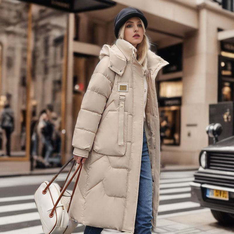 Damen Steppjacke mit abnehmbarer Kappe, mittellang, über dem Knie, verdickte warme Jacke_voghion.com