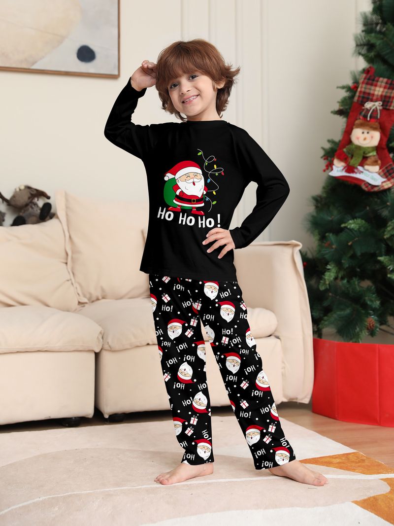 Passendes Familien-Pyjama-Set mit Weihnachtsmann-Aufdruck – Schwarze, gemütliche Nachtwäsche für Eltern und Kinder (S–4XL, Hundegrößen inbegriffen)_voghion.com
