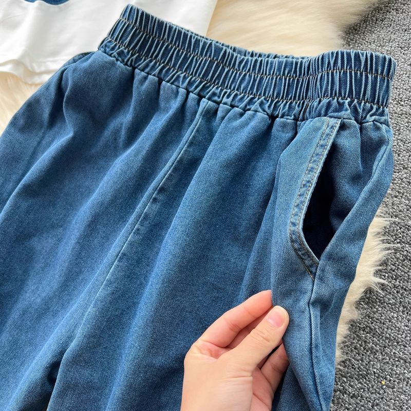 Abbigliamento da donna, design retrò, versatile maglietta a maniche corte con colori a contrasto, jeans casual a vita alta_voghion.com