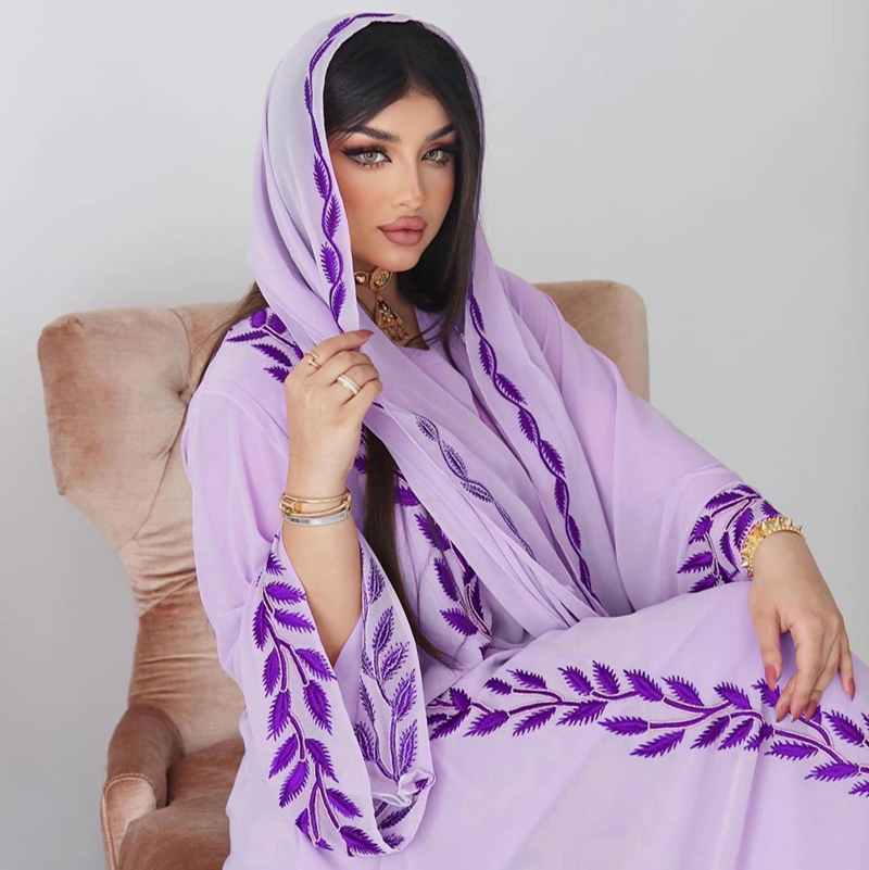 Damenmode Street Chiffon langes muslimisches besticktes rosafarbenes Rundhalskleid mit Hijab_voghion.com