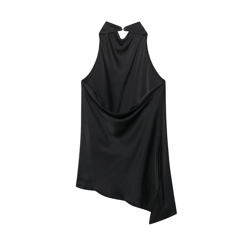 Completo due pezzi da donna in raso con scollo all'americana - Tuta streetwear alla moda con design asimmetrico - Comodo outfit estivo (bianco/nero/blu ardesia)_voghion.com