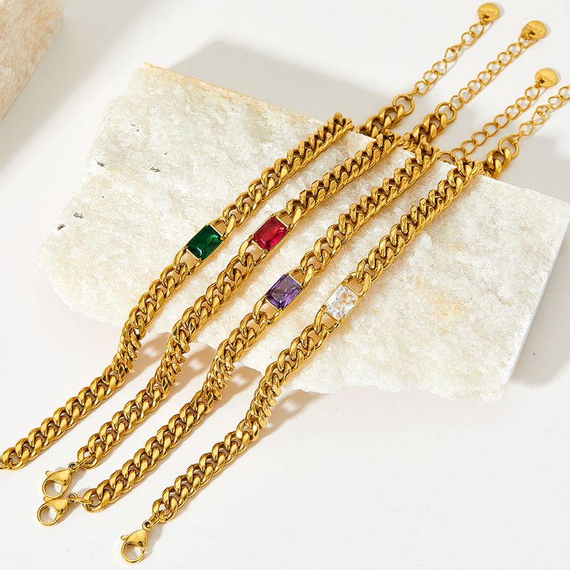 Zircon Cuban Chain Bracelet Green Vacuum Plated Gold Stainless Steel Fashion High-end Sense Women's Jewelry_voghion.com