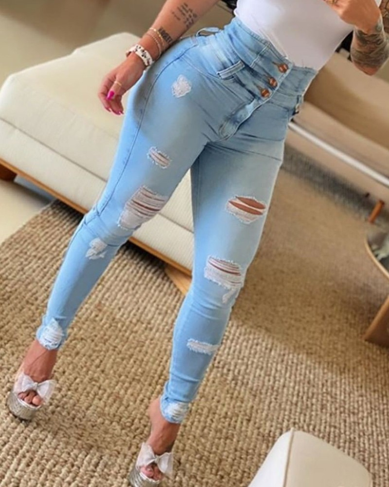 Women's Clothing Slim high-waisted ripped tight jeans_voghion.com