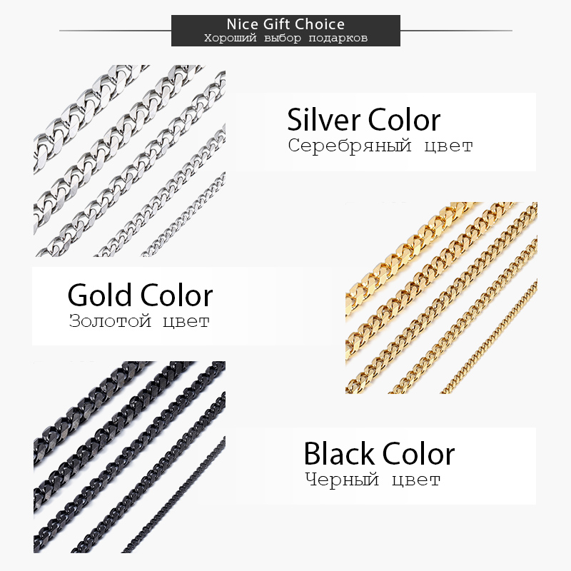Herrhalsband Kedjor Rostfritt stål Svart Guld Sier Color Halsband för män Kvinnor Curb Cuban Smycken 3/5/7/9/11mm_voghion.com