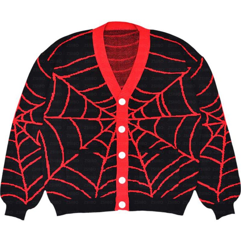 Cardigan rétro à imprimé toile d'araignée – Pull boutonné vintage Y2K (col en V unisexe, coupe oversize, 70 % acrylique, vert/noir/bleu/violet)_voghion.com