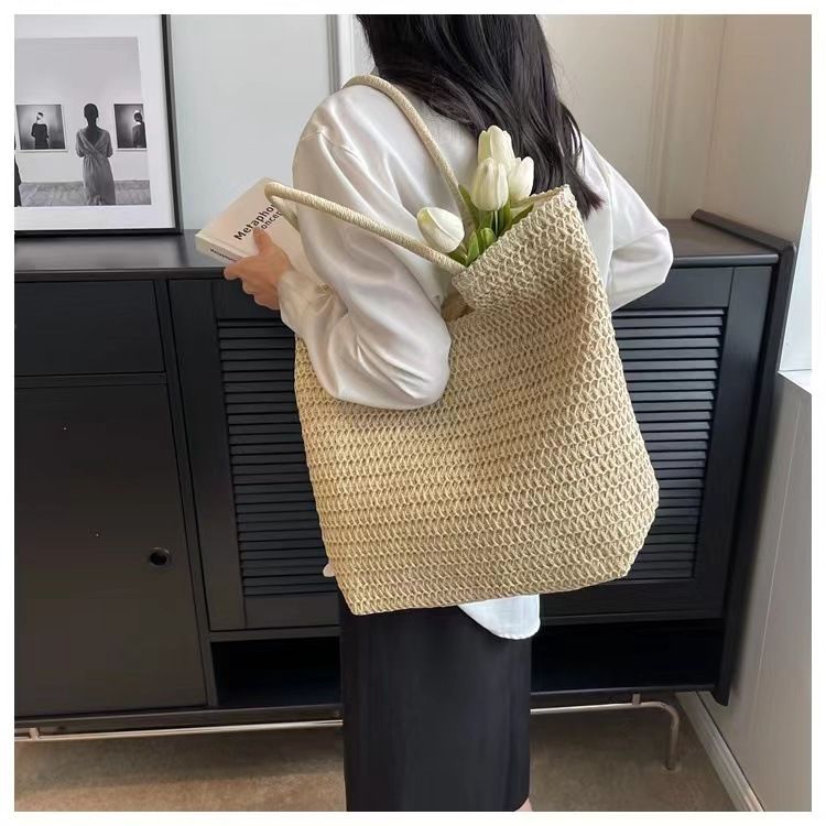 Vendita diretta in fabbrica borsa di paglia di grande capacità nuovo stile semplice borsa di paglia a tracolla borsa tessuta borsa da spiaggia per le vacanze borsa da donna versatile_voghion.com