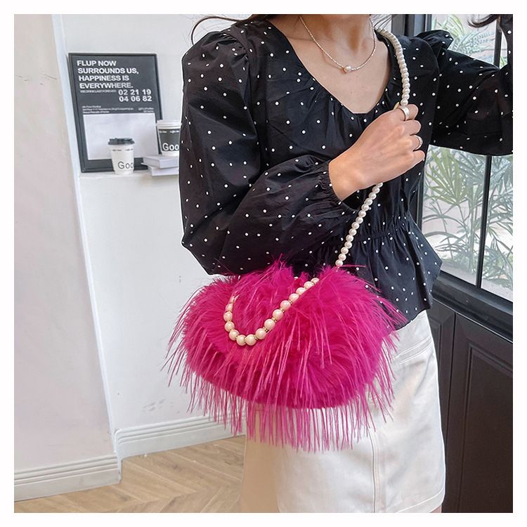 Borsa a tracolla con tracolla in stile fata, piccola borsa quadrata con catena di perle di peluche di grande capacità_voghion.com