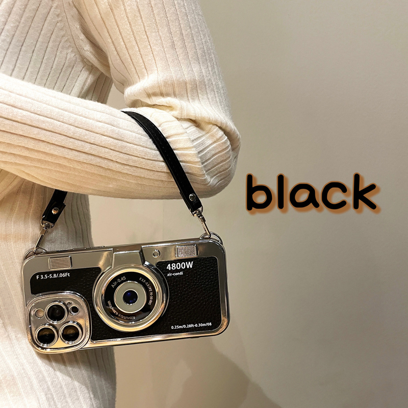 Stereo retro camera suitable for iPhone15promax Apple 14 mobile phone case electroplating 13 leather cord 12 soft shell for women_voghion.com