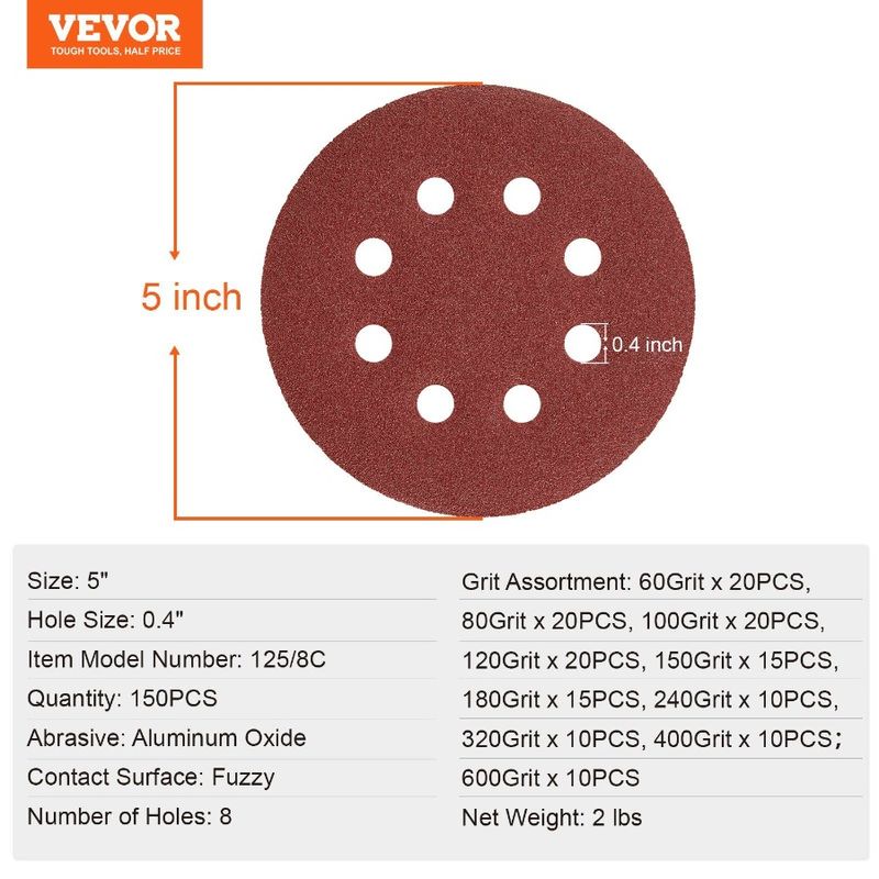 5inch 60600 Loop 8Hole Grit 150PCS Sanding Hook Discs And Sandpaper_voghion.com
