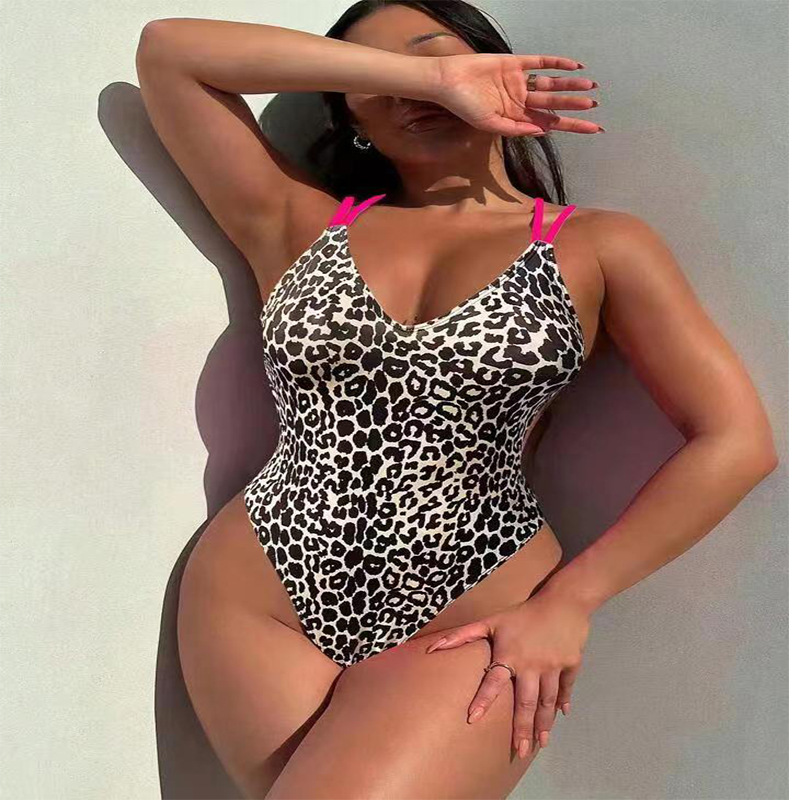 Maillot de bain bikini une pièce, imprimé léopard multicolore, sexy, avec bretelles unies, dos nu, pour femmes_voghion.com