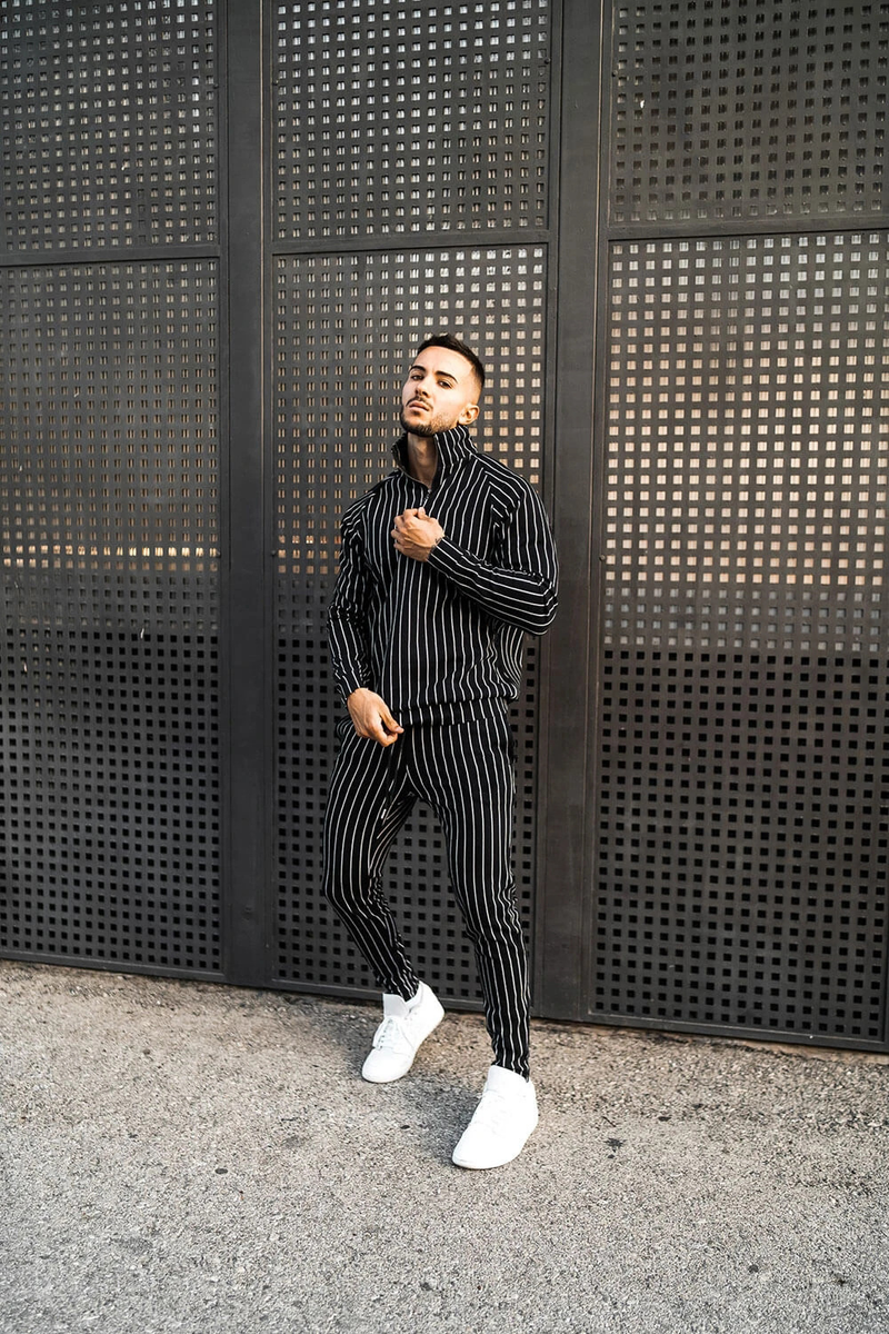 2024 New Spring and Autumn Stripe for Men's Fitness Running Long sleeved Sweater Slim Fit Pants Set_voghion.com