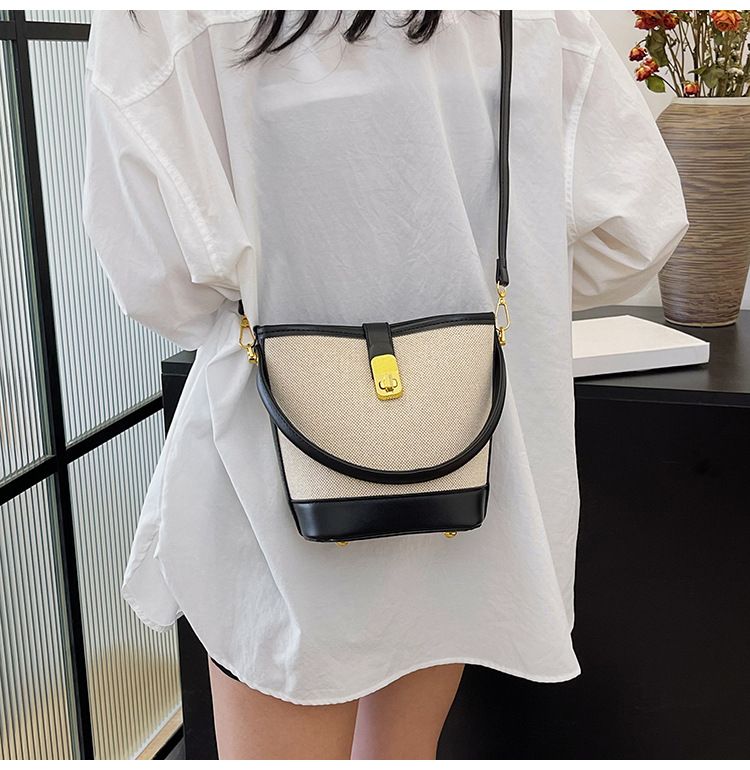 Color-Block Handheld Bucket For Women Korean Version New Fashionable Fabric Single Shoulder Crossbody Bag_voghion.com