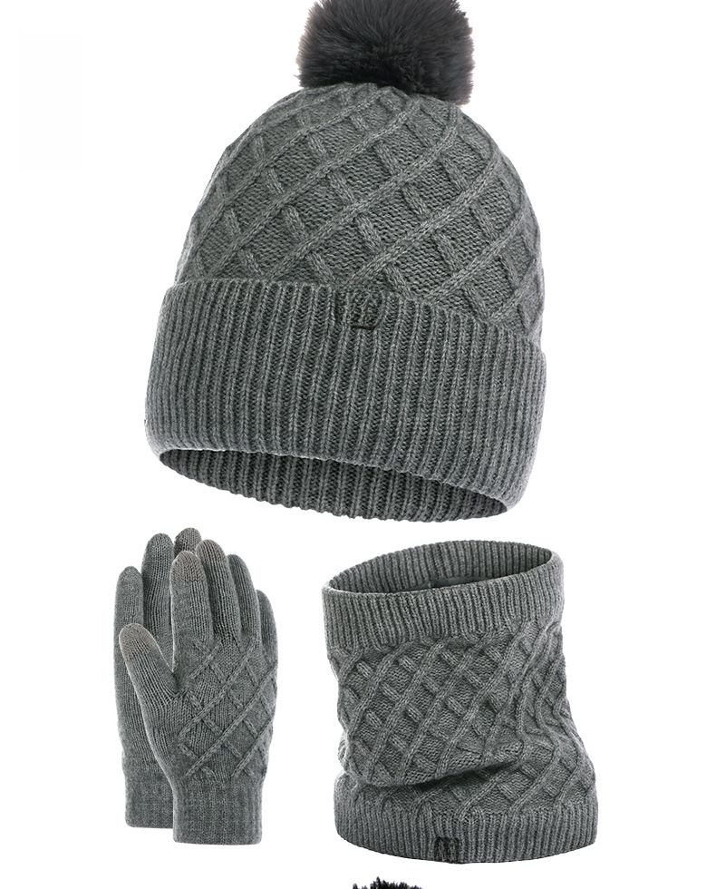 Căciulă unisex, gât, mănuși, căciulă tricotată, exterior cu căldură de catifea, ghem de lână, căciulă de lână îngroșată, set de 3 piese_voghion.com