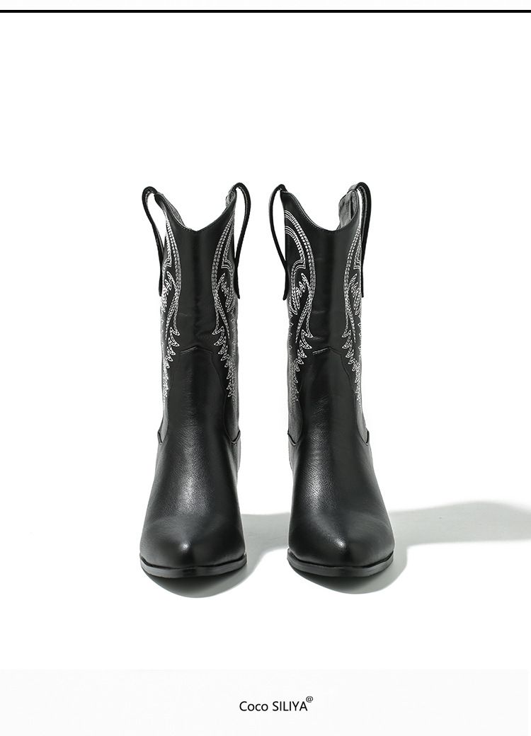 Vintage Pink Cowboy Boots For Women - Pointed Toe Embroidered Mid-Calf Boots With Chunky Heel (Wide Width Available)_voghion.com