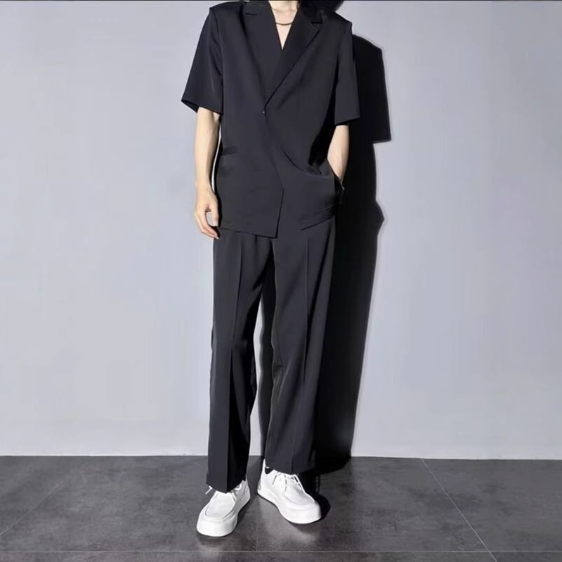 High-End Ice Silk Set Jacket Light Mature Style Men's Short Sleeve Casual Summer Thin Single Suit Trend_voghion.com