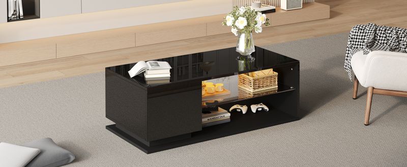 Table basse LED avec rangement, table de salon brillante avec bande lumineuse, 105 x 50 x 36 cm_voghion.com