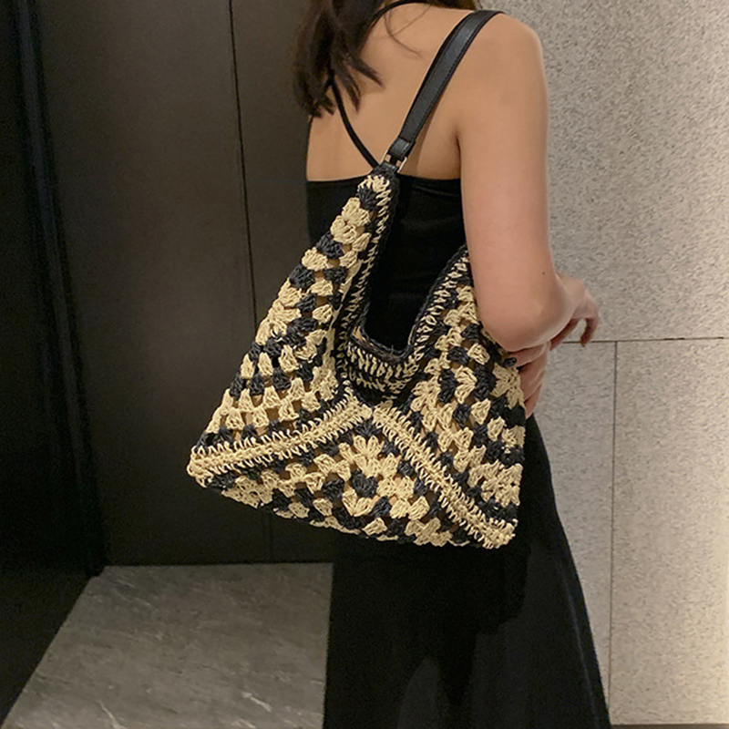 Borsa a tracolla di paglia intrecciata da donna popolare, borsa di medie dimensioni con manico per le vacanze al mare_voghion.com