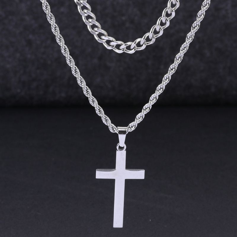Hop Hip Stainless Steel Men's Twist Double Layer Cuban Chain Cross Non-Fading Necklace For Men_voghion.com