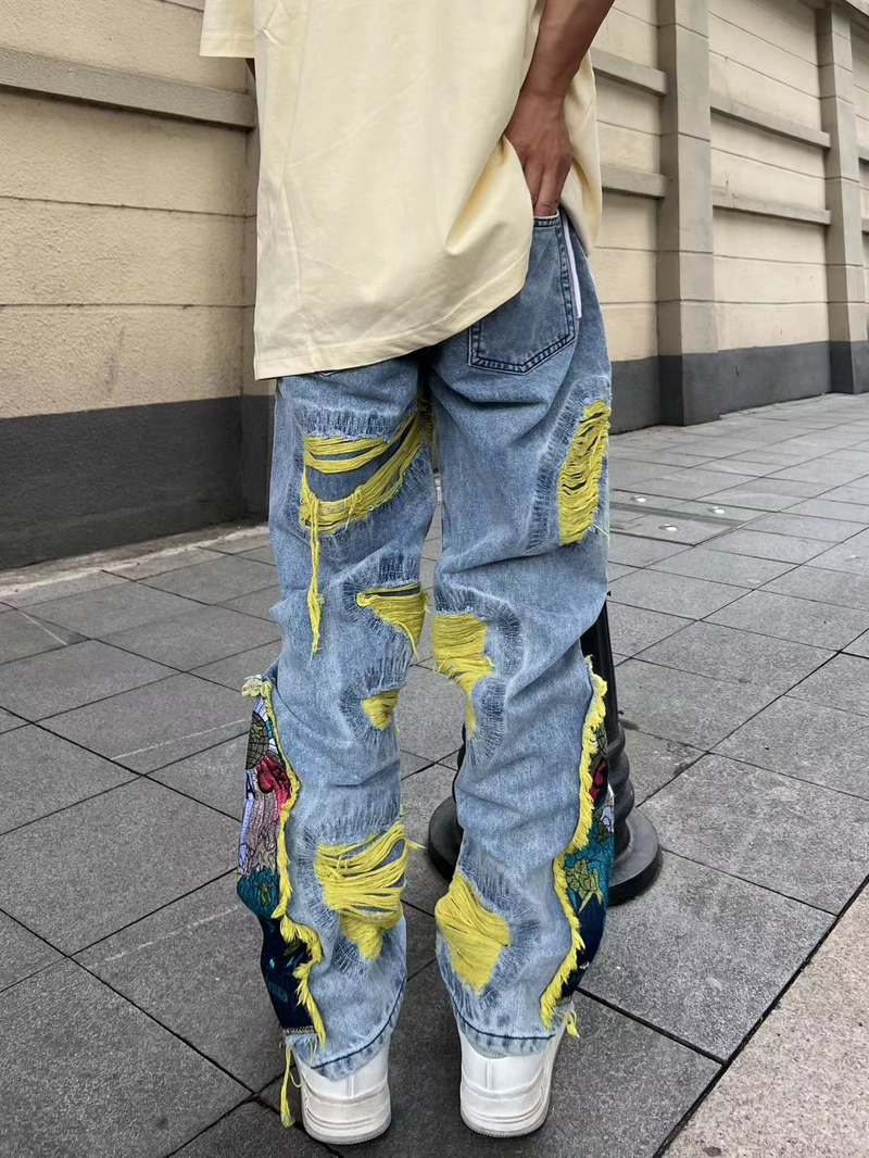 Jean brodé brossé pour homme, style hip-hop, style streetwear, coupe droite, ample, style traînant au sol, pour couple_voghion.com