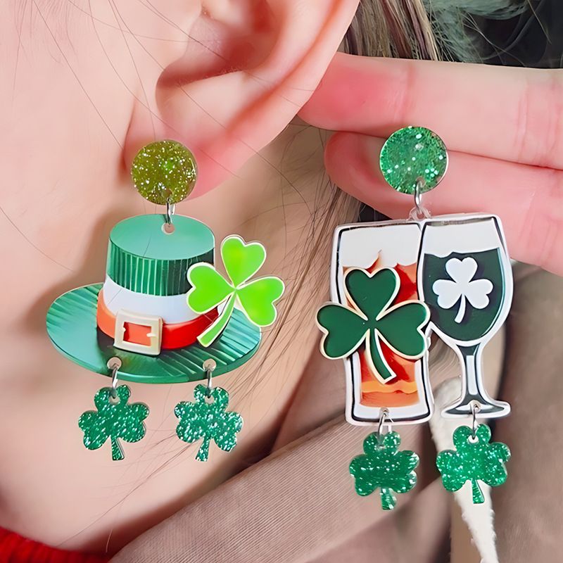 Boucles d'oreilles à tige en acrylique style AB vert pour la Saint-Patrick, bijoux en forme de trèfle_voghion.com