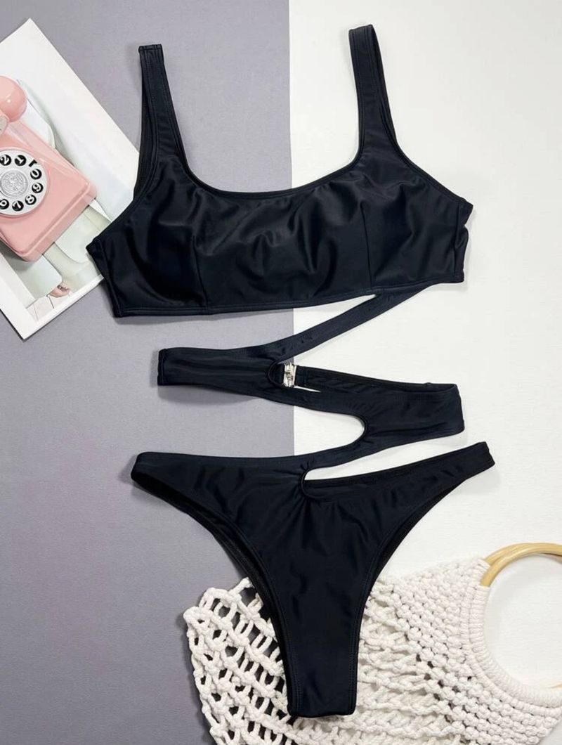 sexy one-piece bikini solid color hollow swimsuit_voghion.com