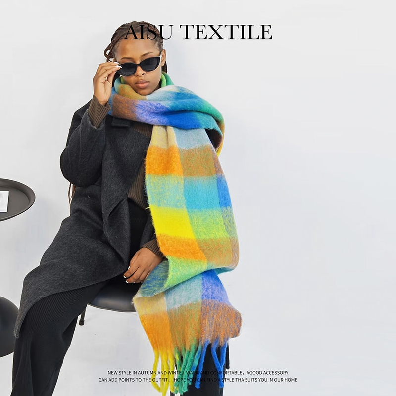 Cachecol de caxemira sintética feminino, moda feminina, xadrez colorido, estola, inverno, lenço para áreas externas, 210*40 cm_voghion.com