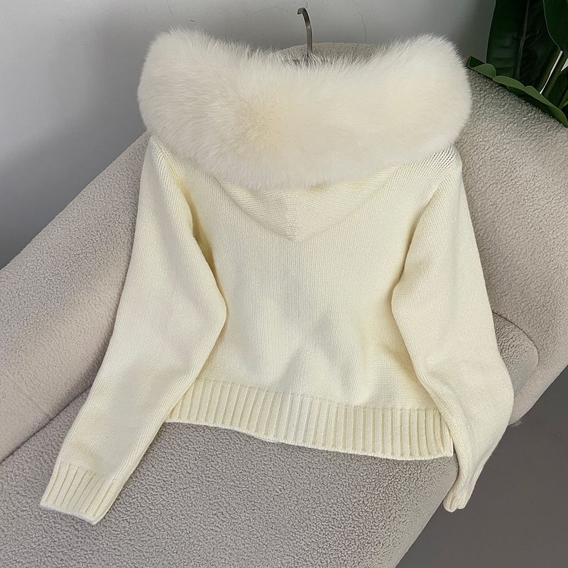 Cardigan oversize con cappuccio in maglia da donna - Morbido misto angora, cerniera frontale, maniche lunghe comode, abbigliamento casual da casa in stile coreano_voghion.com