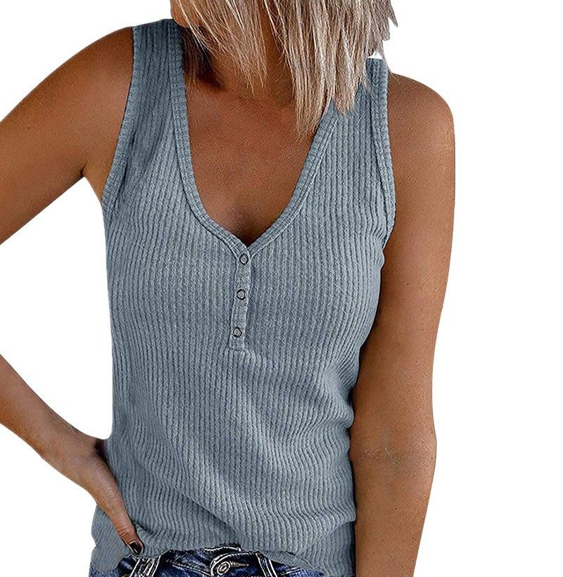 2025 New Women's Button Vest Solid Color V-neck Sleeveless T-shirt Top Creative Creation_voghion.com