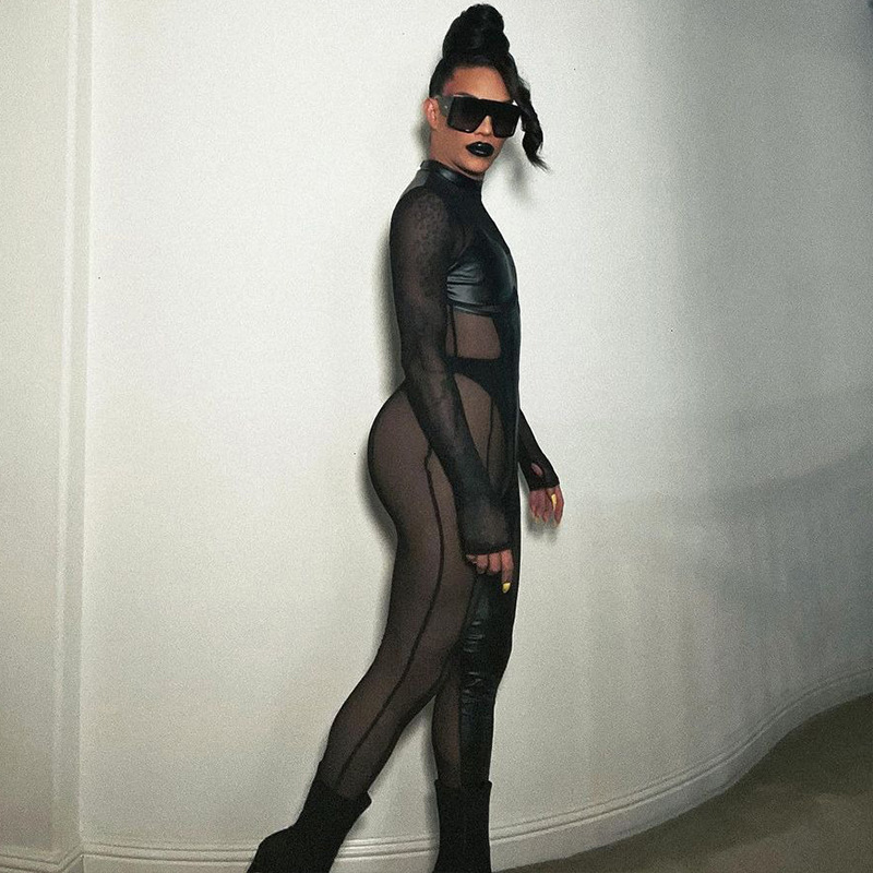 Tuta da donna a maniche lunghe con cerniera posteriore in rete patchwork con collo tondo_voghion.com