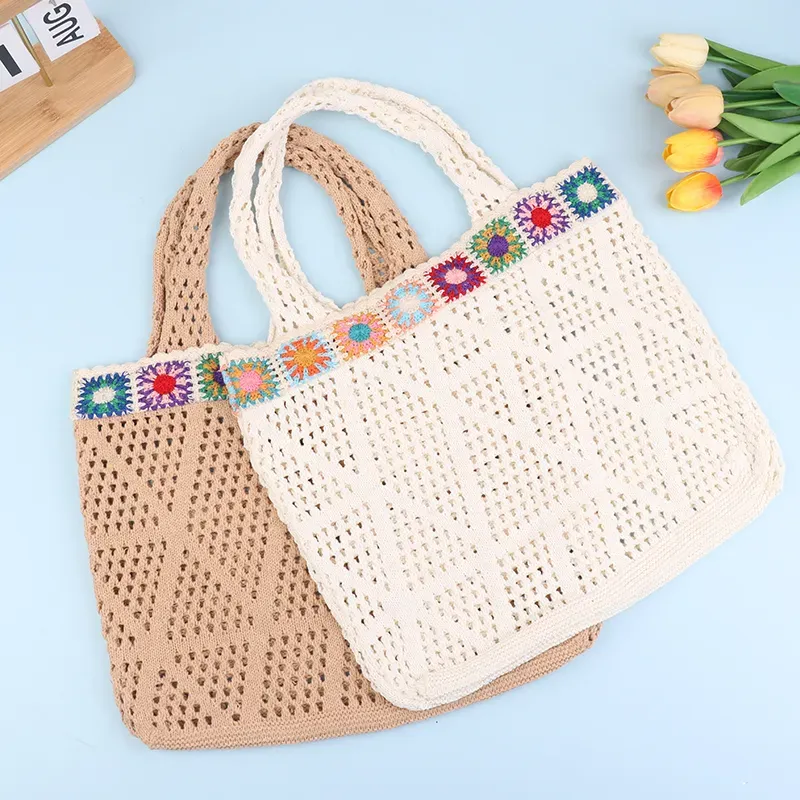 Bolsa de compras de crochê com flor, estilo hobo, para o verão, com alça de ombro em tricô, ideal para viagens e férias._voghion.com