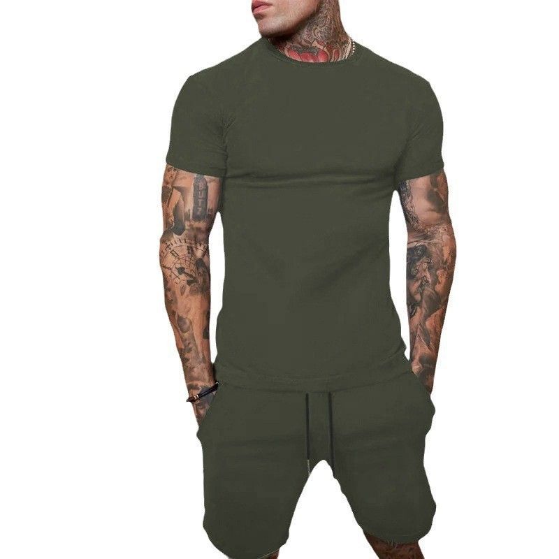 CT Hot Selling Solid Color T-Shirt + Five-Point Men's Summer Short Sleeve Shorts Set Breathable Style_voghion.com