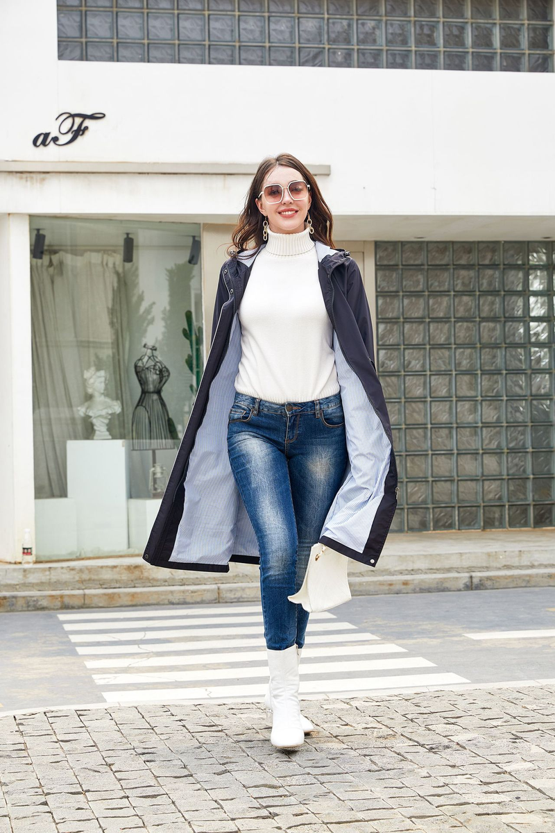 Trench casual da donna K Long con cappuccio, impermeabile, tinta unita con fodera a righe, cappotto dritto._voghion.com