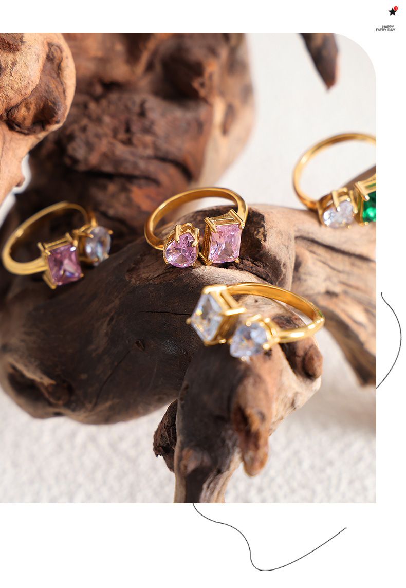 Geometrische Zirkon-Akzente, leichter, luxuriöser, stapelbarer Schmuck für den Alltag, hypoallergener, verstellbarer offener Ring aus Titanstahl für Frauen,_voghion.com