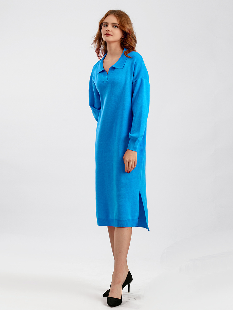 Women's Clothing autumn and winter new Polo collar bottoming knitted dress loose large size solid color ladies dress_voghion.com