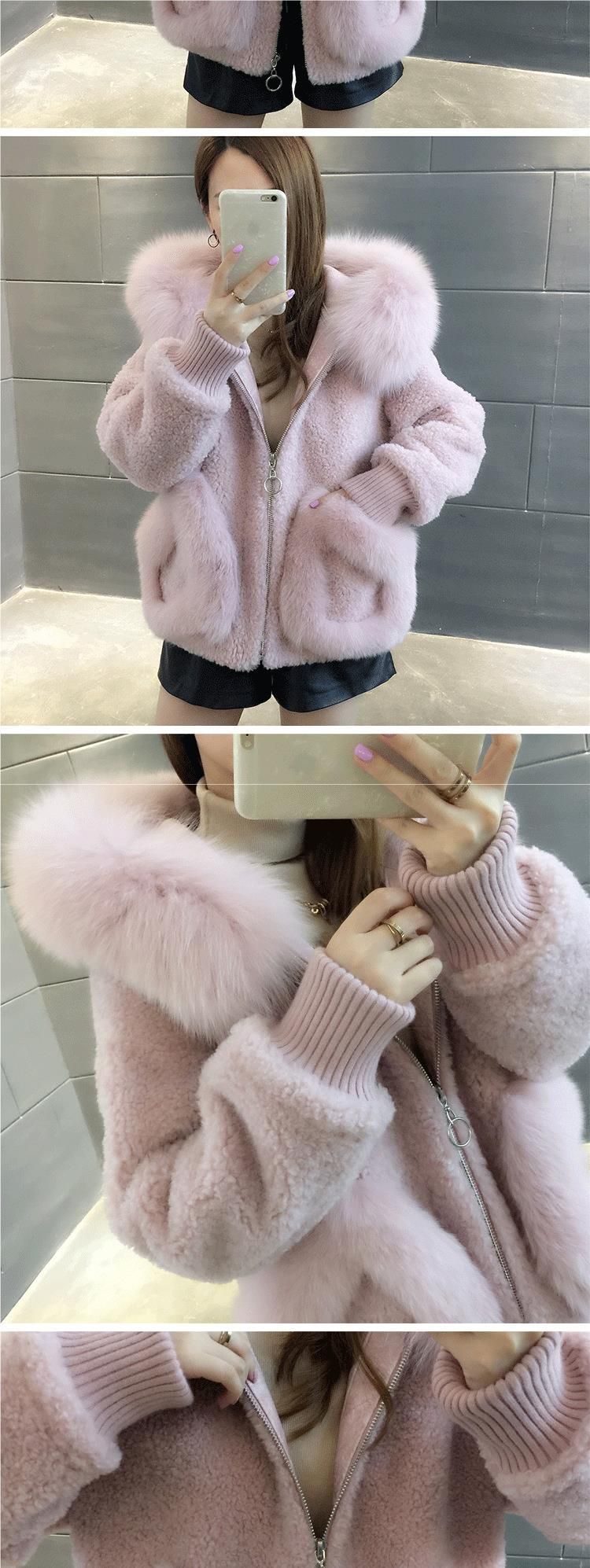 Cappotto in pelliccia sintetica da donna con cappuccio staccabile, giacca corta in peluche per autunno inverno, elegante capospalla casual in beige e lavanda_voghion.com