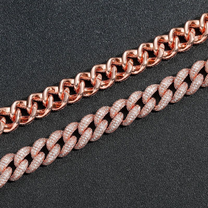 Colar Hip Hop Unissex com Corrente Bolha de 12mm, Corrente Cubana com 4 Fileiras de Zircônia, Ouro Rosa, Masculino e Feminino, Hip Hop, Tendência Simples_voghion.com