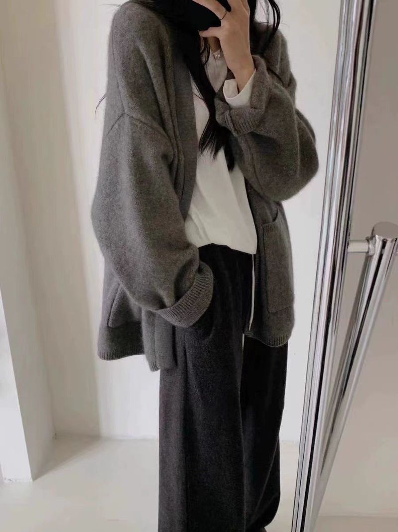 Cardigan 100 % pure laine pour femme, col en V, sans boutons, ample, avec poches, tricoté en cachemire, nouvelle collection automne-hiver 2025_voghion.com