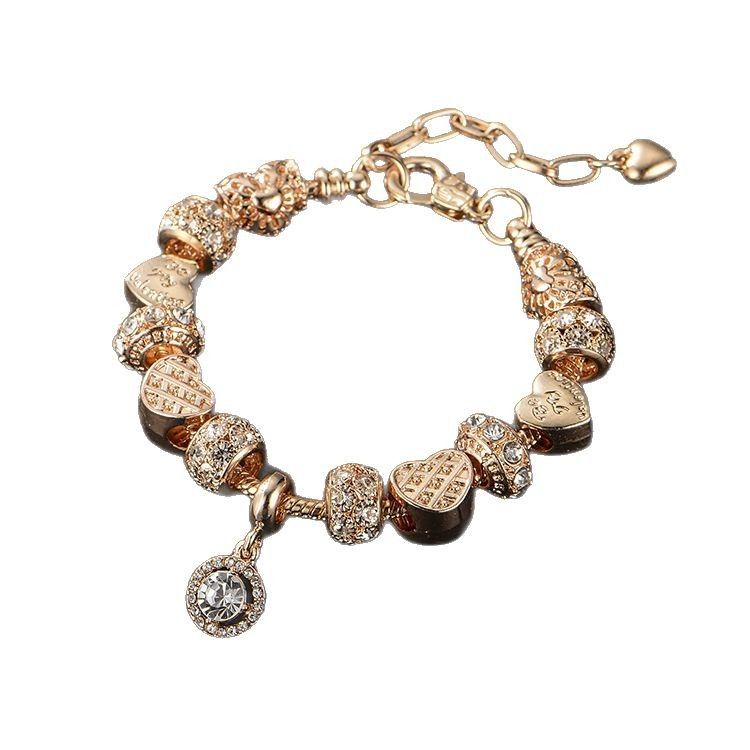 Pan Family Style Schlichtes, modisches, herzförmiges, diamantbesetztes DIY-Armband mit Goldperlen für Frauen_voghion.com
