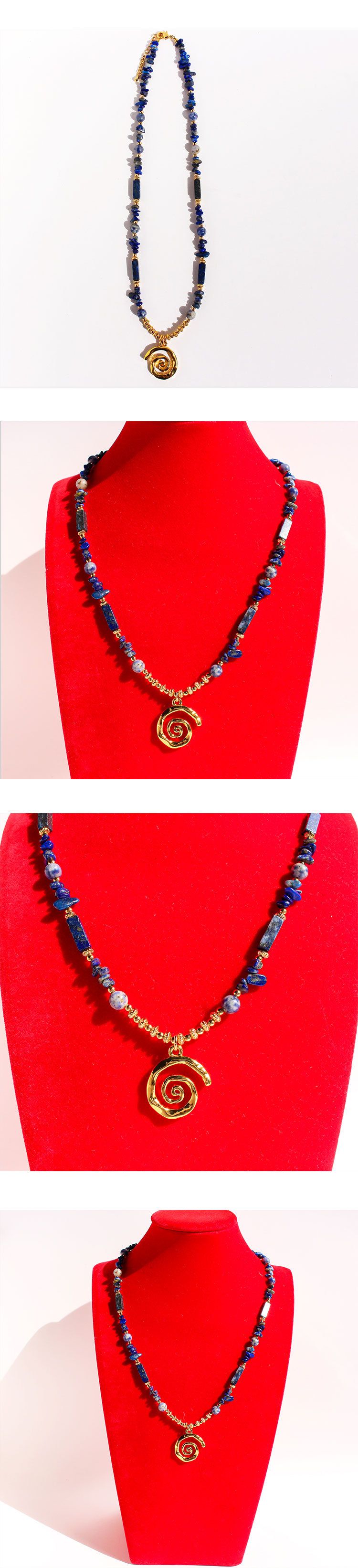 Collana di perline di lapislazzuli con pendente a moneta e conchiglia – Catena a strati bohémien realizzata a mano, design geometrico e a cuore per le vacanze al mare_voghion.com