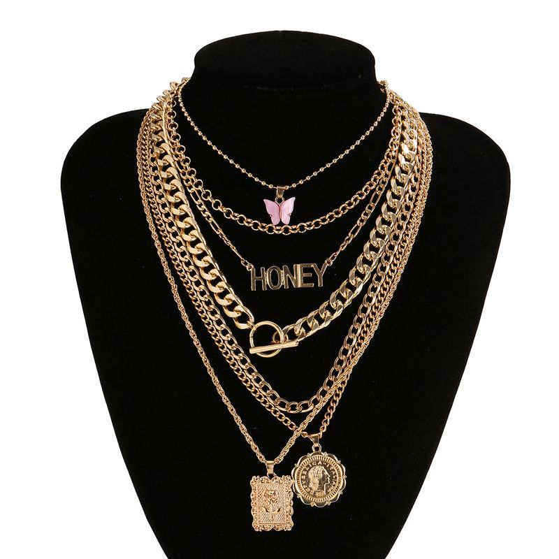 New Creative Simple Elegant Women's HONEY Rose Flower Butterfly Necklace 7-Piece Set Gold_voghion.com