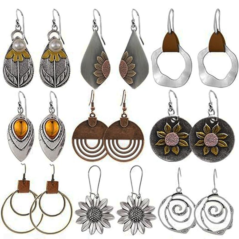 Geometric Round Vintage Earrings Flower Hollow Droplet Leather Wood Earrings_voghion.com