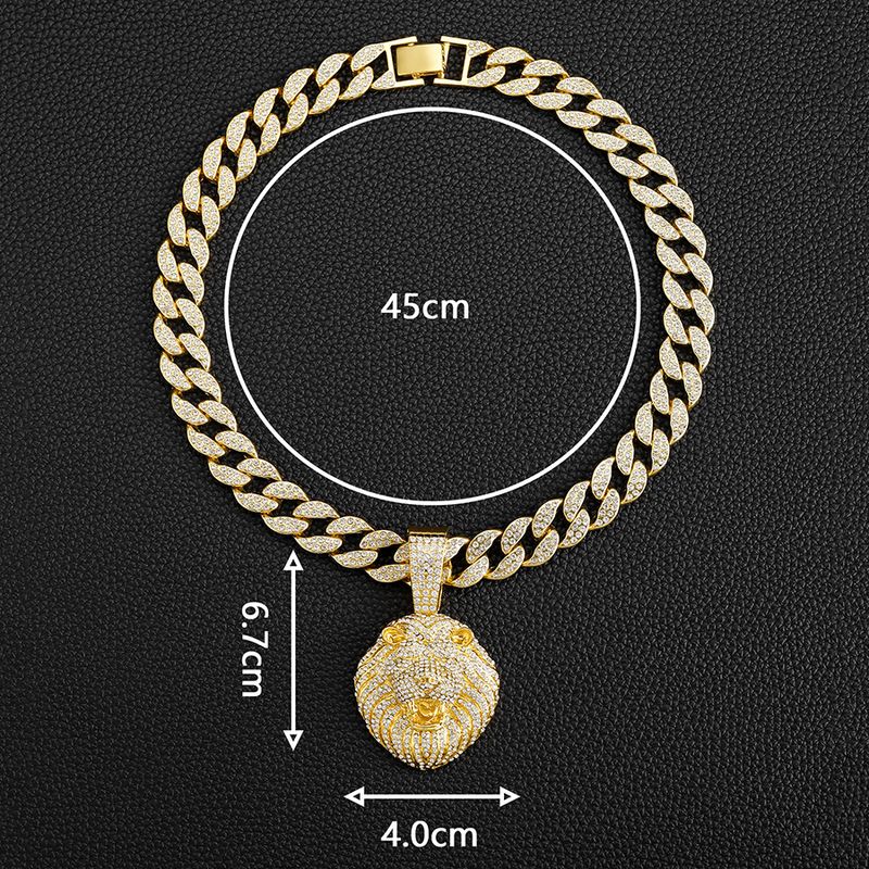 Cool Full Dia Personality Three Dimensional Lion Head Pendant Cuban Necklace Street Hip Hop Style_voghion.com