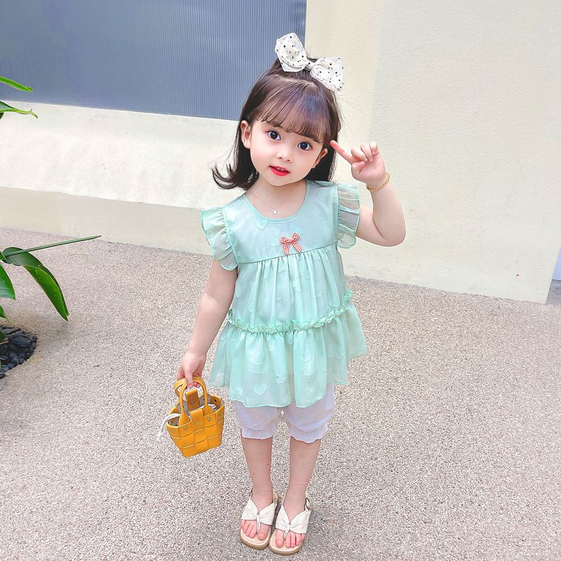 Mädchen-Outfit, stilvoll, Sommer kurzärmliges Mesh-Herz-Zweiteiler-Kinderkleidung, Baby-Mädchen-Set, modisch_voghion.com