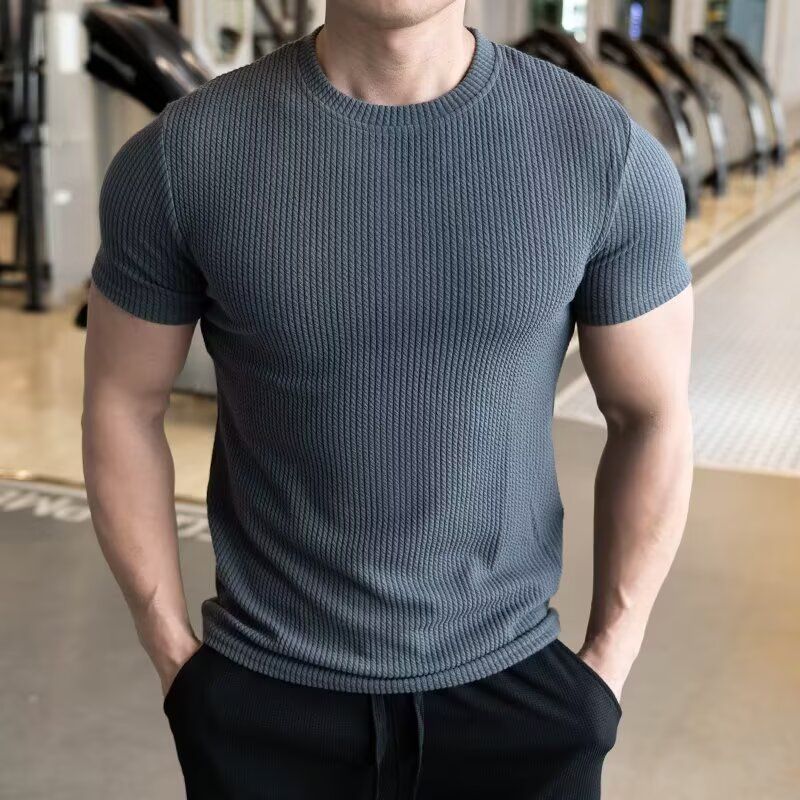 Men's Short-sleeved T-shirt Summer New Slim-fit Business Casual Fashion Versatile High-end Striped Crew Neck Bottoming Shirt_voghion.com